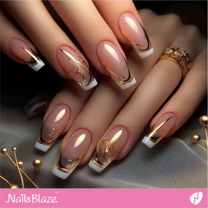 Gold Chrome Design on Clear Nails | French Manicure - NB3605